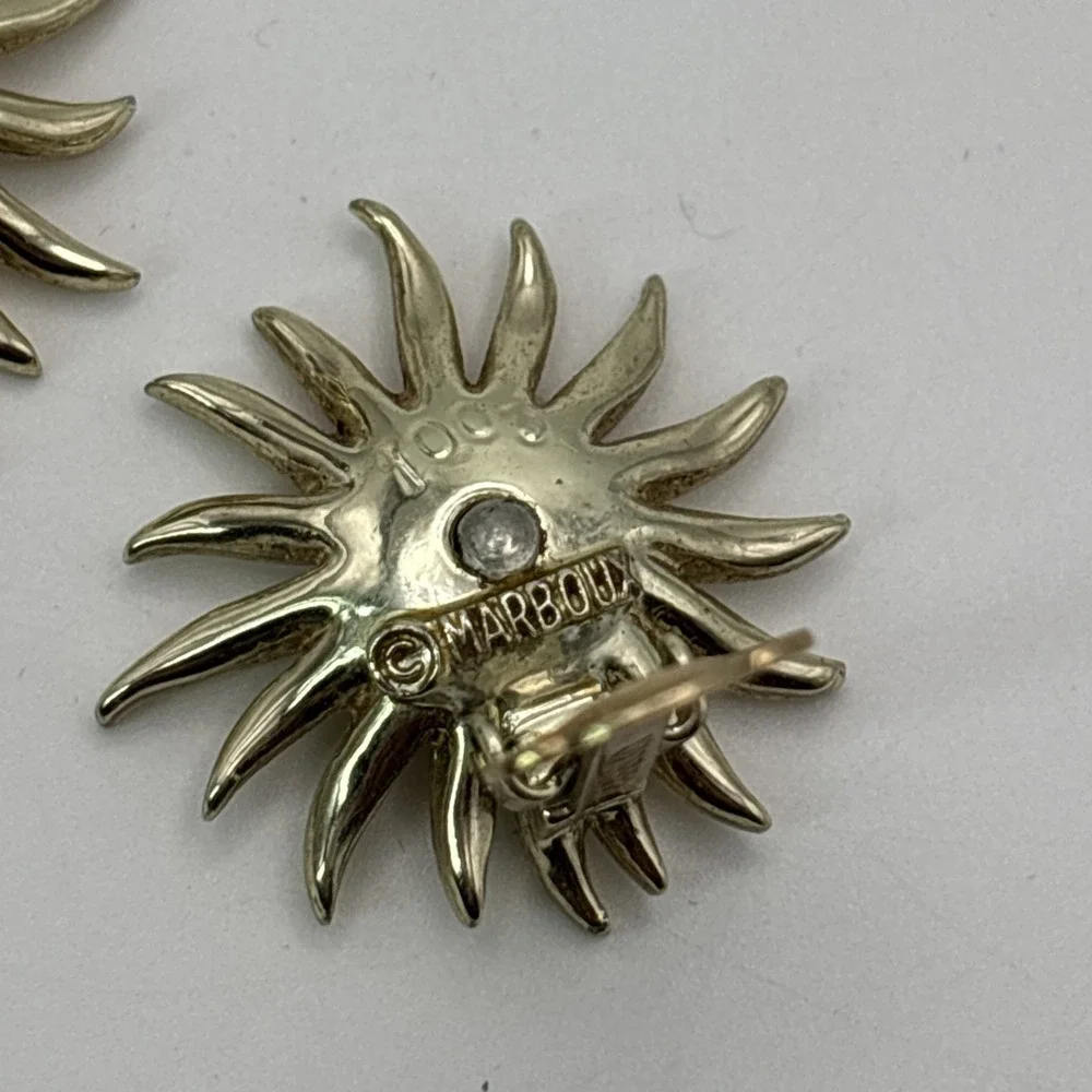 Vintage Marboux Clip On Gold Tone Earrings Sun Sunburst Flower Rhinestones